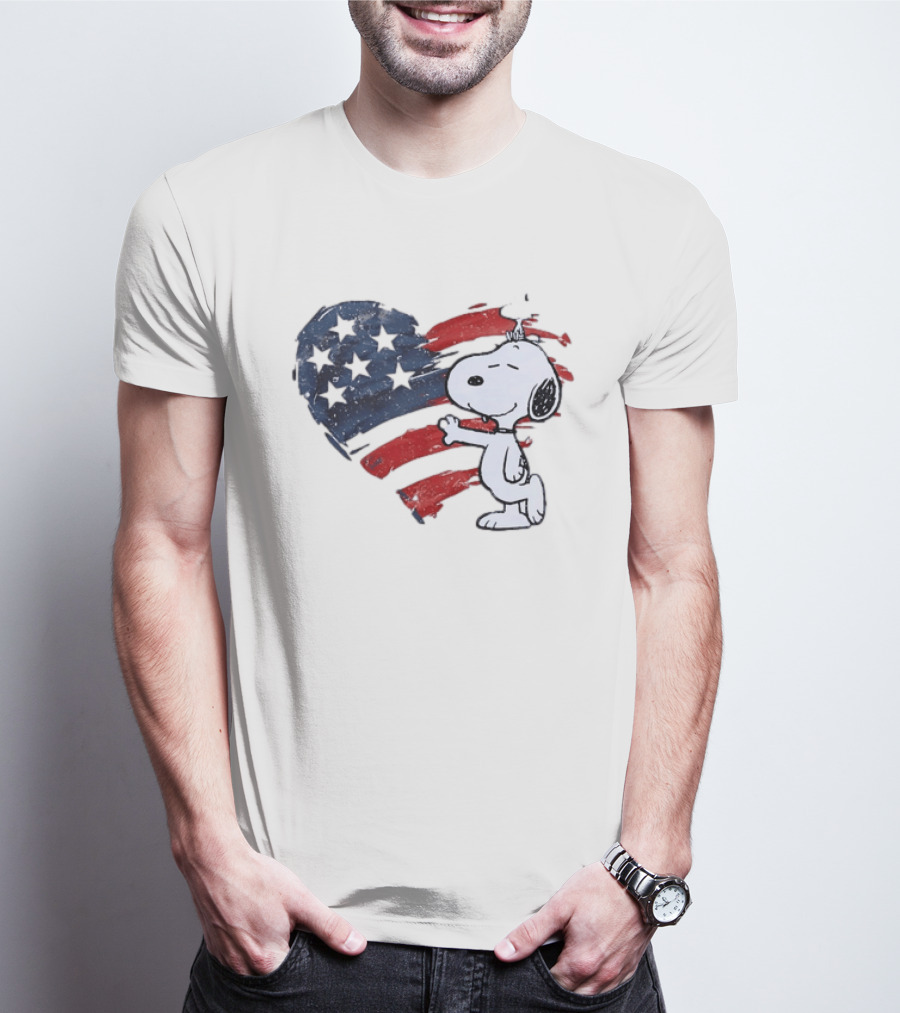 Snoopy Woodstock American Flag Heart Hug T-Shirt