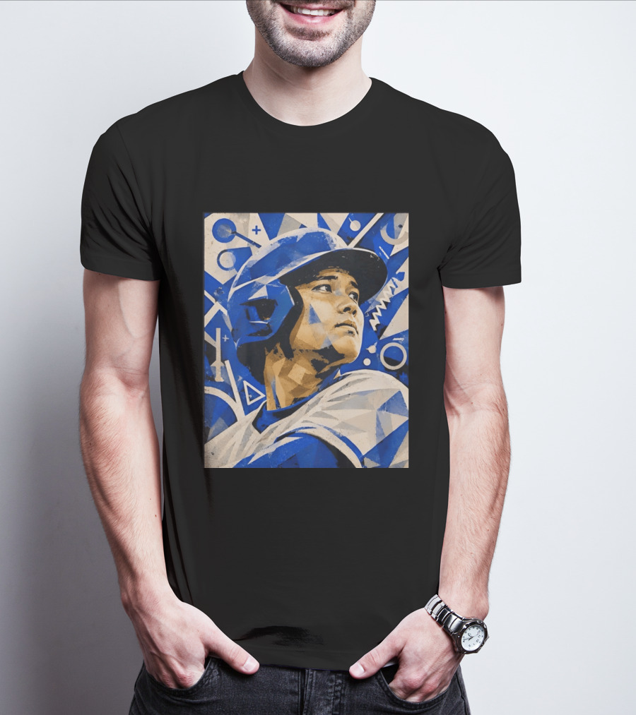Baseball Player In Geometric Blue Abstract T-Shirt