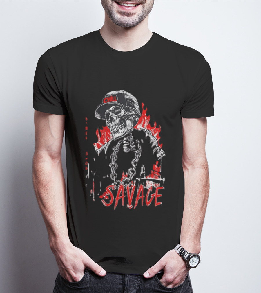 Street Ghost Chill Savage Skeleton Flames Red Black Chain T-Shirt