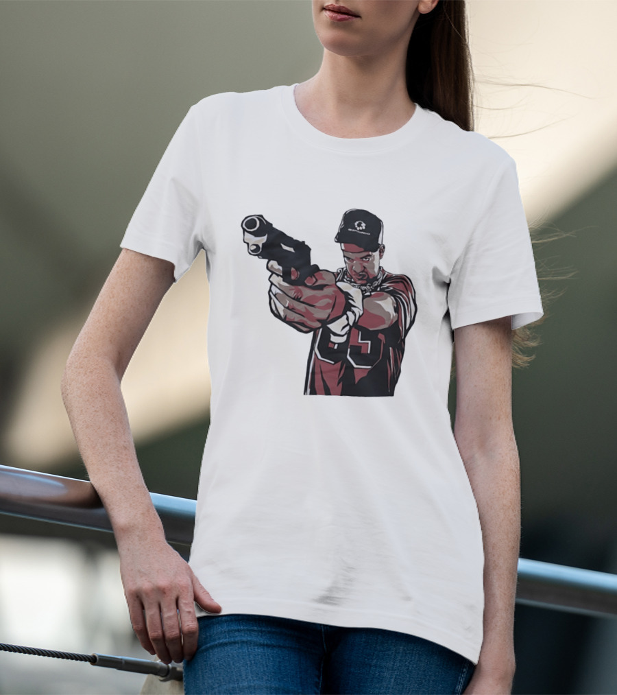 Man Pointing Gun Graphic With Number 89 And Hat Logo Codestructor T-Shirt