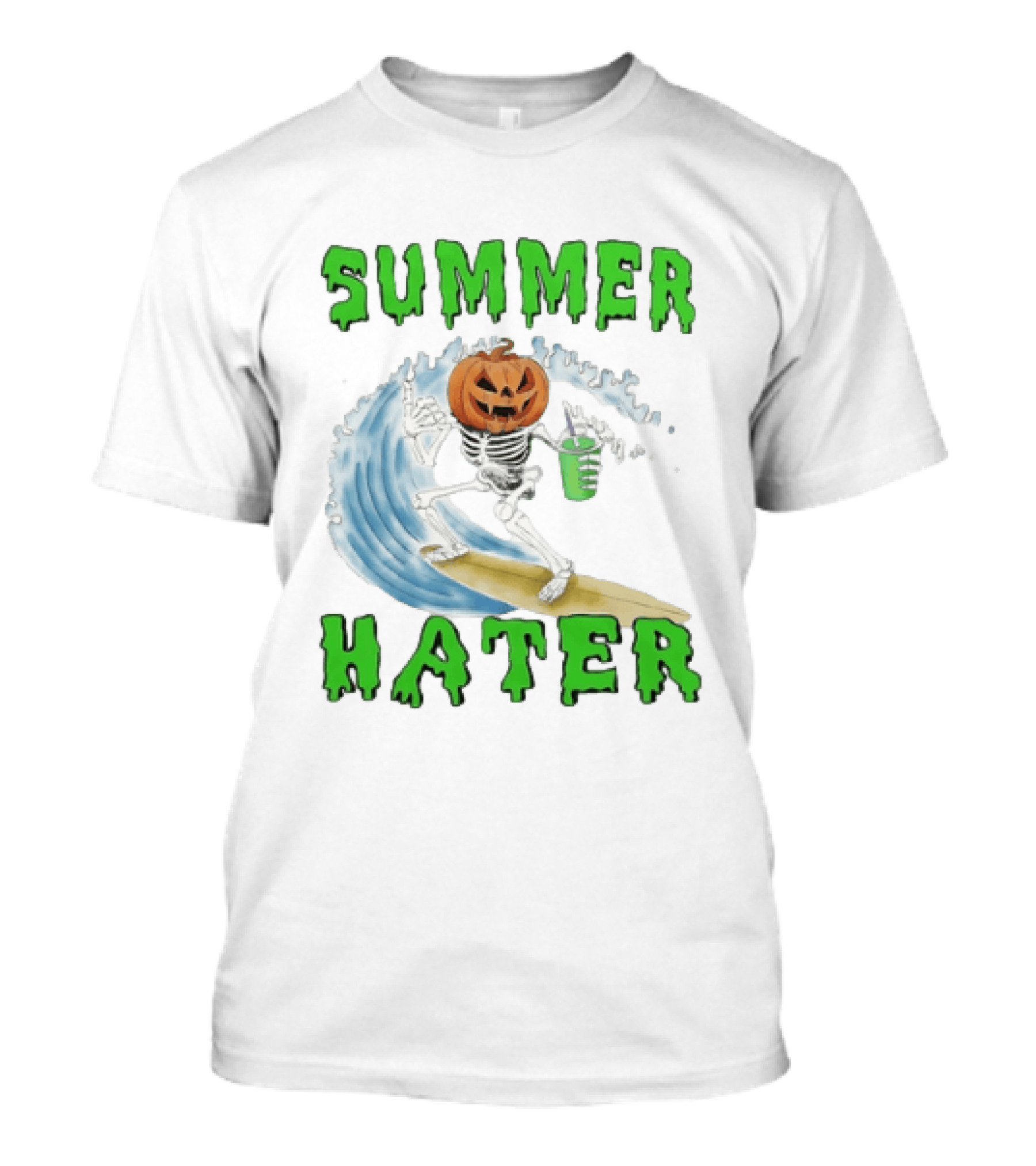 Skeleton With Pumpkin Head Surfing Wave Summer Hater T-Shirt