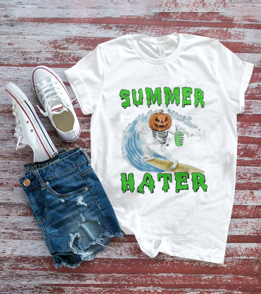 Skeleton With Pumpkin Head Surfing Wave Summer Hater T-Shirt
