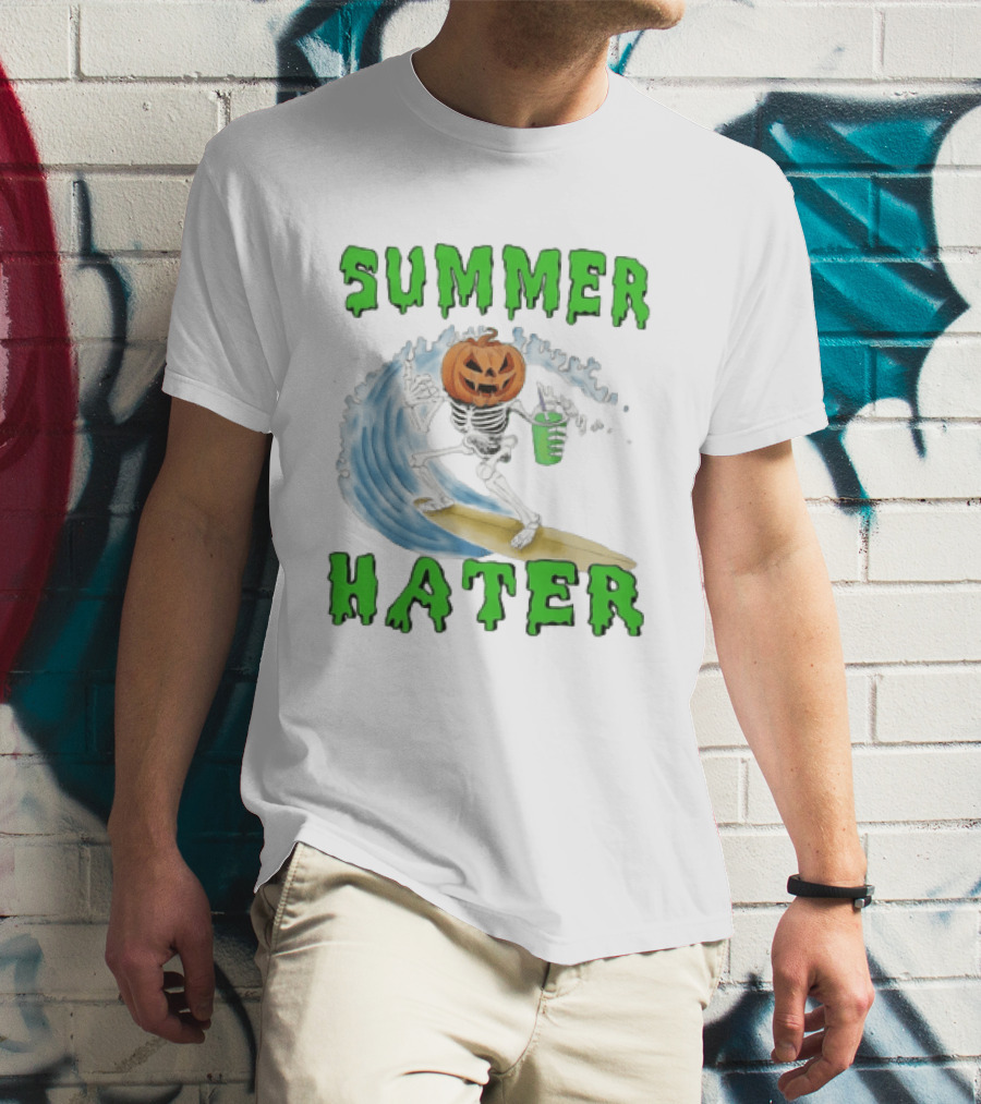 Skeleton With Pumpkin Head Surfing Wave Summer Hater T-Shirt