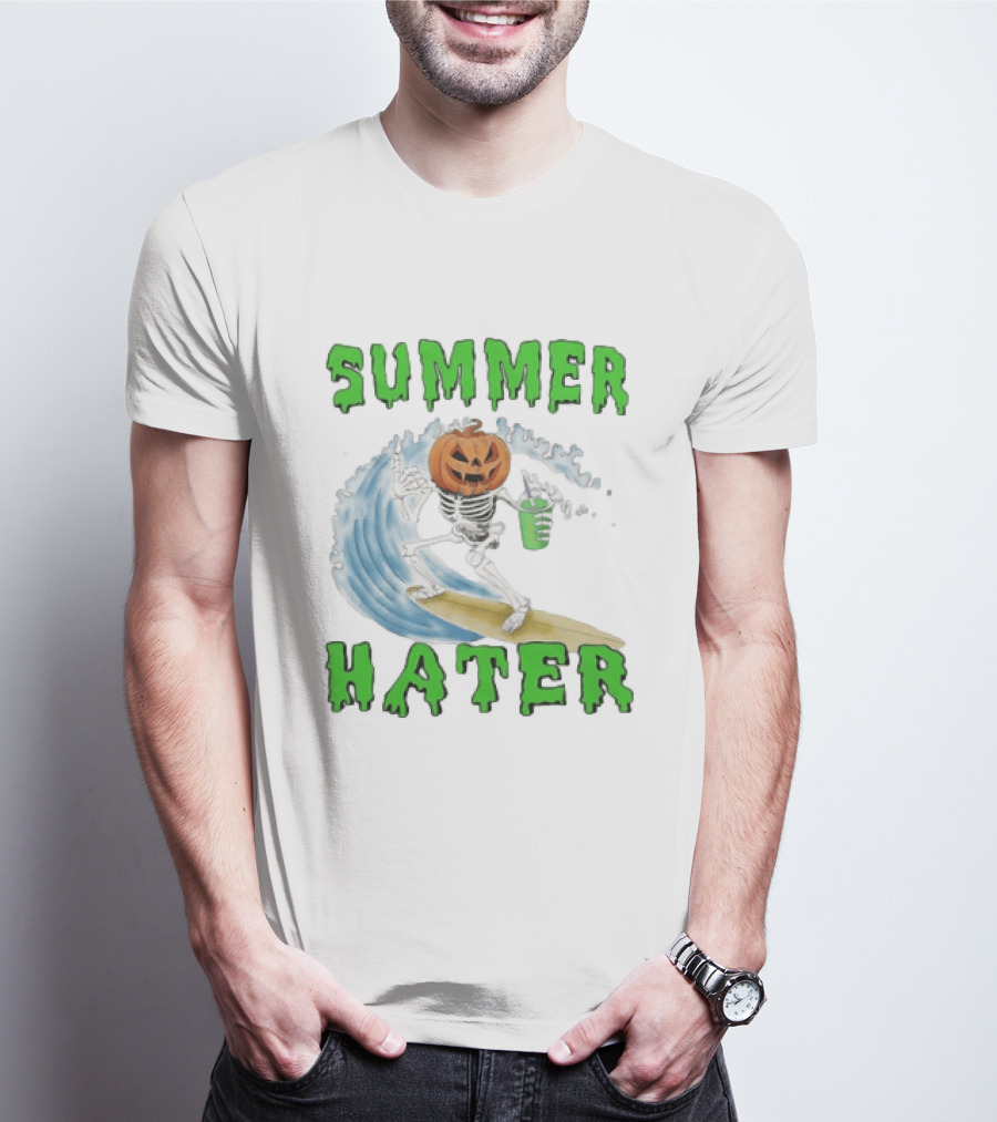 Skeleton With Pumpkin Head Surfing Wave Summer Hater T-Shirt