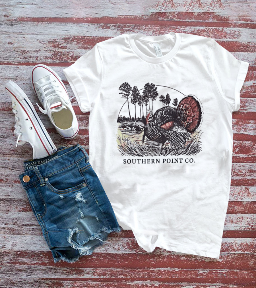 Southern Point Co. Turkey Strutting In The Field With Pine Trees And Horizon Scene T-Shirt