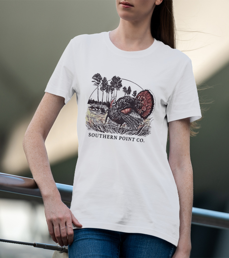 Southern Point Co. Turkey Strutting In The Field With Pine Trees And Horizon Scene T-Shirt
