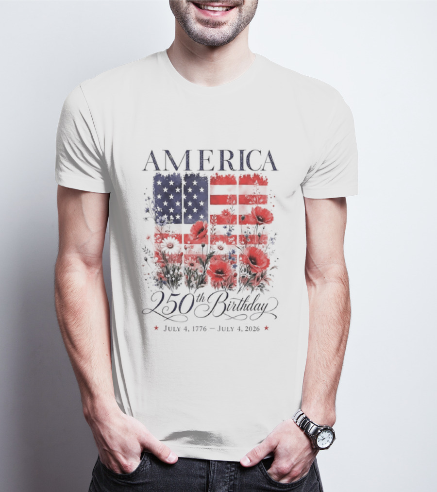 America 250th Birthday July 4 1776 2026 Floral Flag T-Shirt