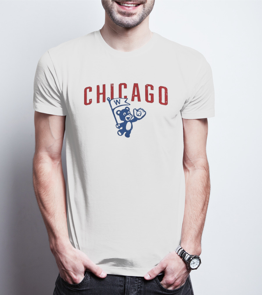Chicago Baseball Bear Holding W Flag T-Shirt