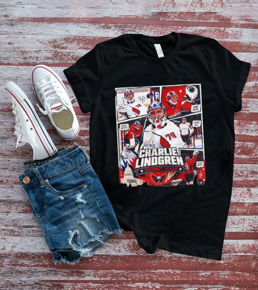 Charlie Lindgren Capitals District Shield Comic Style Hockey Action T-Shirt