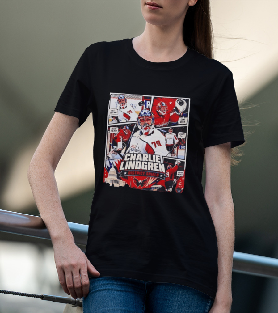Charlie Lindgren Capitals District Shield Comic Style Hockey Action T-Shirt