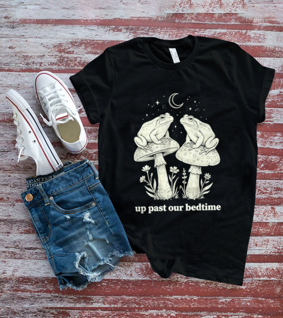 Two Frogs On Mushrooms Up Past Our Bedtime Night Sky Moon Stars T-Shirt