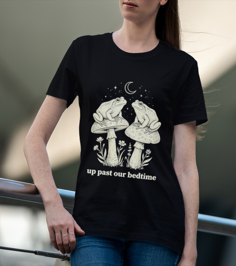 Two Frogs On Mushrooms Up Past Our Bedtime Night Sky Moon Stars T-Shirt
