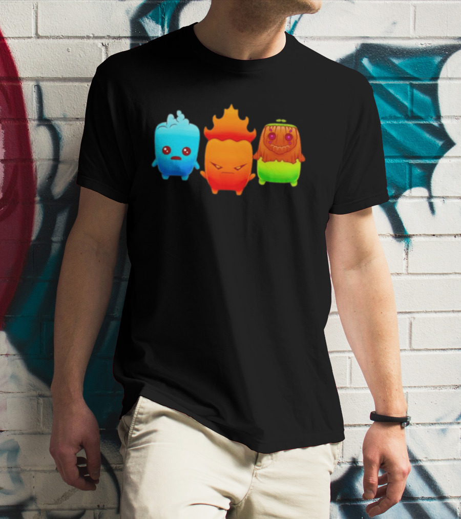 Water Fire And Earth Elemental Creatures Fireboy And Watergirl Cute Characters T-Shirt