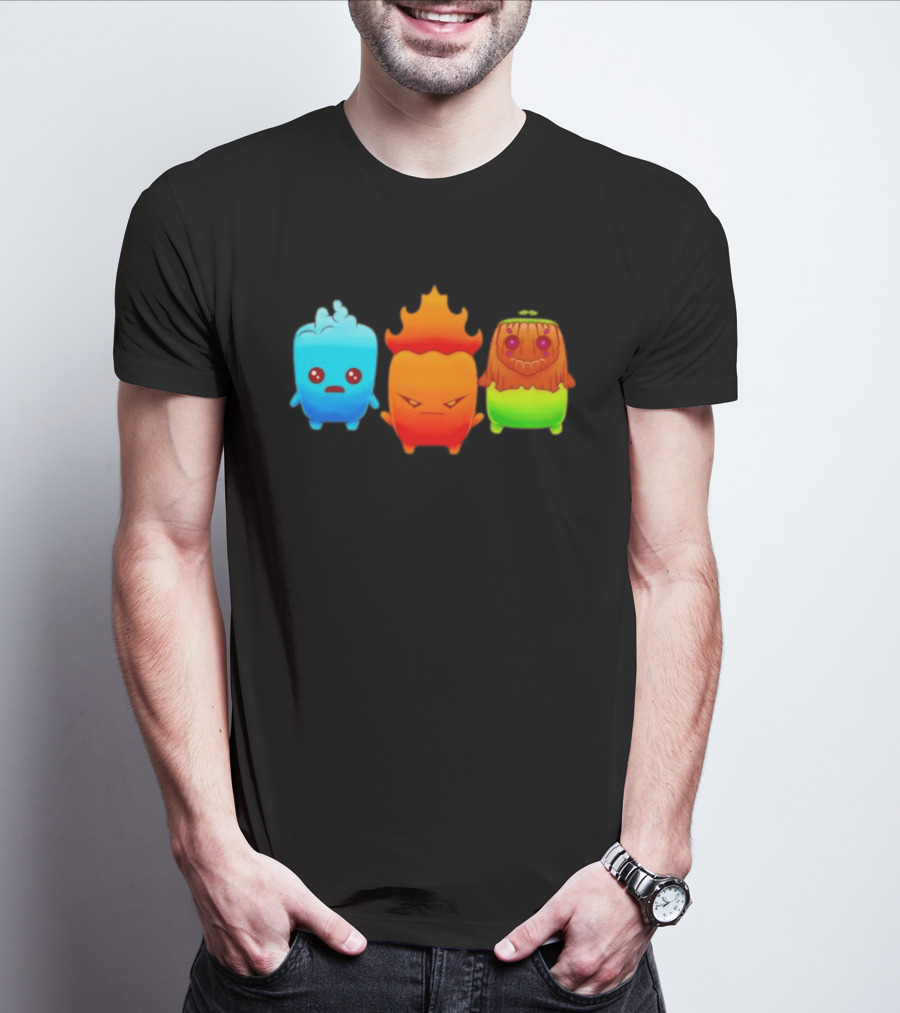 Water Fire And Earth Elemental Creatures Fireboy And Watergirl Cute Characters T-Shirt