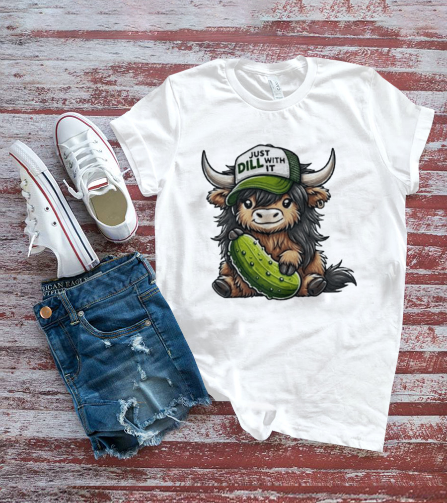 Highland Cow Just Dill With It Pickle Hat T-Shirt