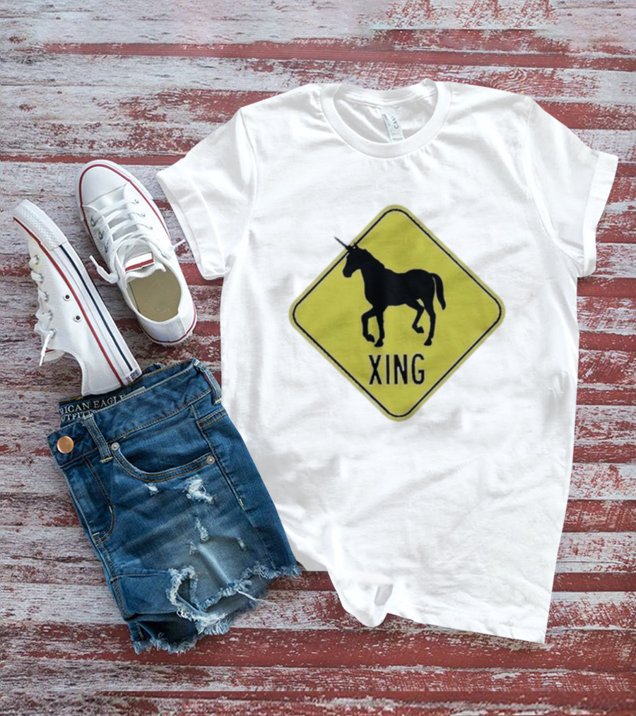 Unicorn Xing Mythical Creature Crosswalk Sign T-Shirt