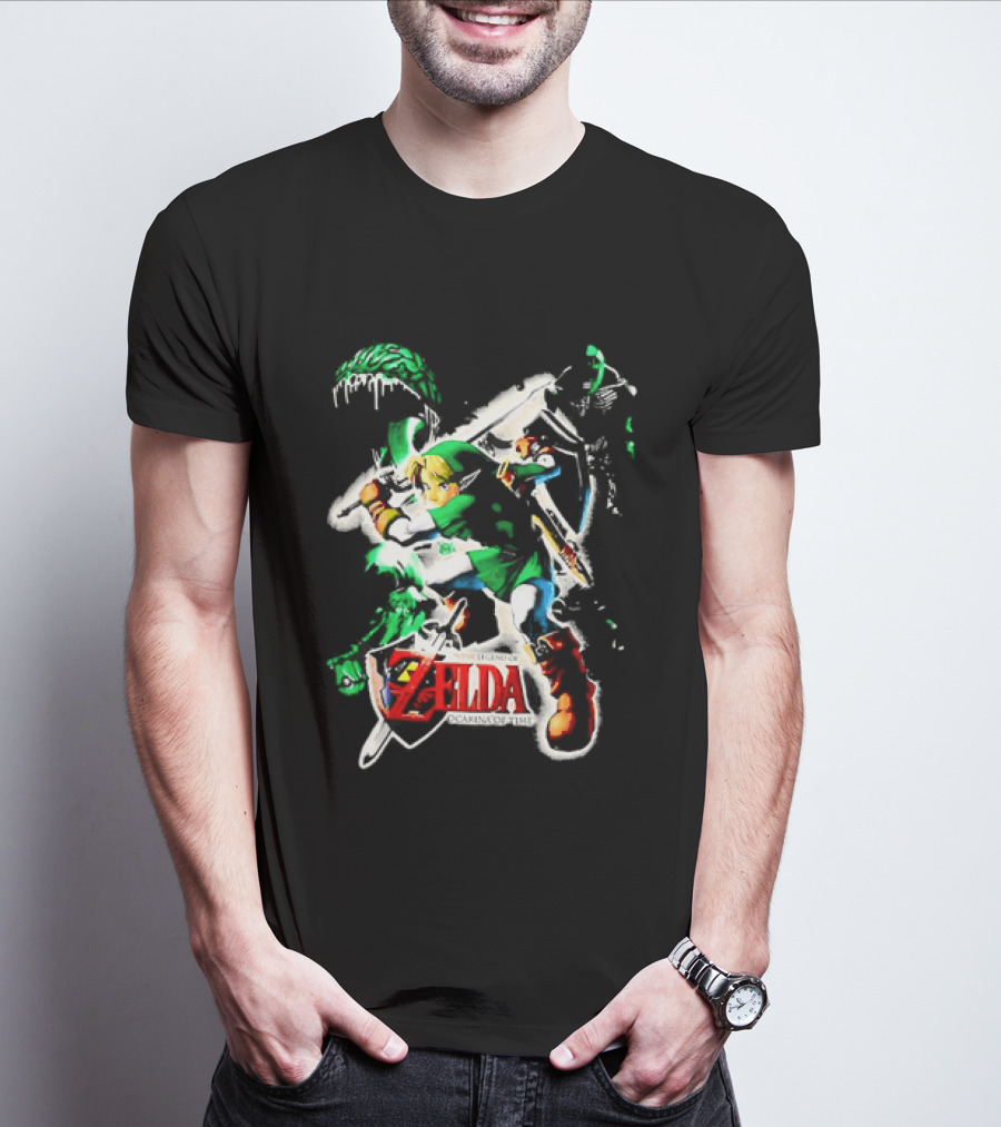 Legend Of Zelda Ocarina Of Time Link Fighting Enemies T-Shirt