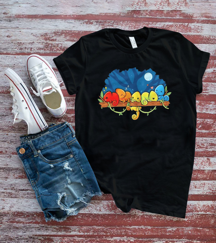 Colorful Chameleons Sitting On A Tree Branch Under Night Sky With Moon And Hearts T-Shirt