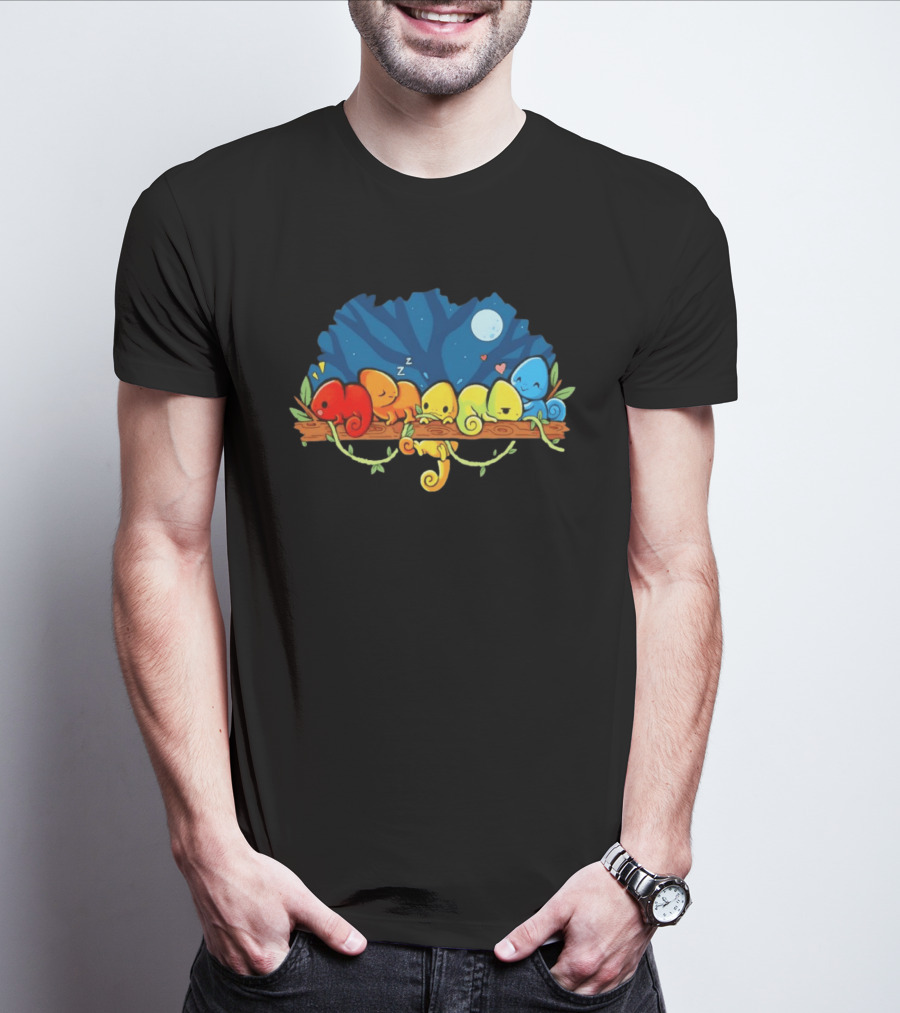 Colorful Chameleons Sitting On A Tree Branch Under Night Sky With Moon And Hearts T-Shirt
