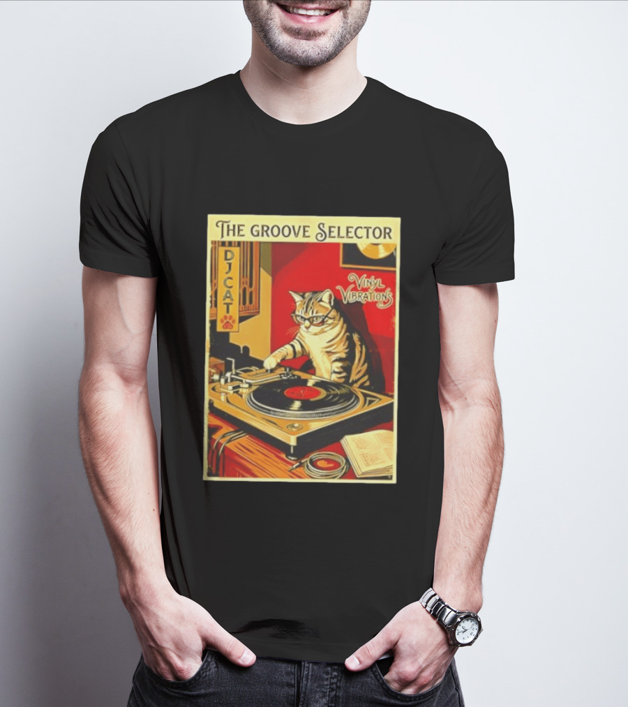 The Groove Selector DJ Cat Vinyl Vibrations Turntable Music Lover T-Shirt