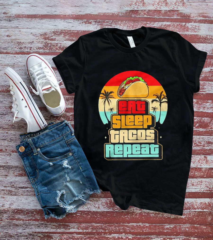 Eat Sleep Tacos Repeat Gaming Retro Sunset Palm Trees T-Shirt