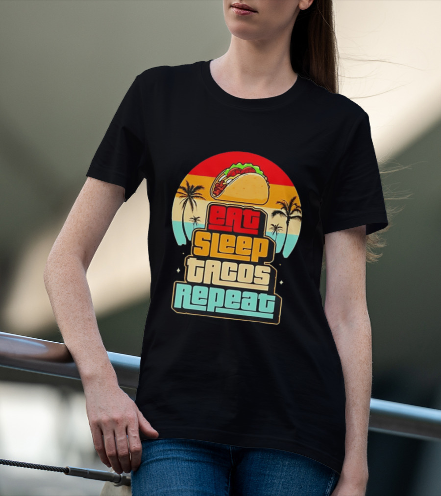 Eat Sleep Tacos Repeat Gaming Retro Sunset Palm Trees T-Shirt