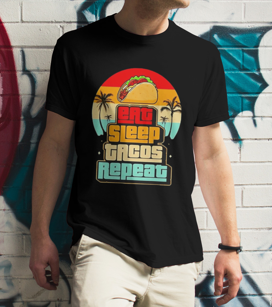 Eat Sleep Tacos Repeat Gaming Retro Sunset Palm Trees T-Shirt