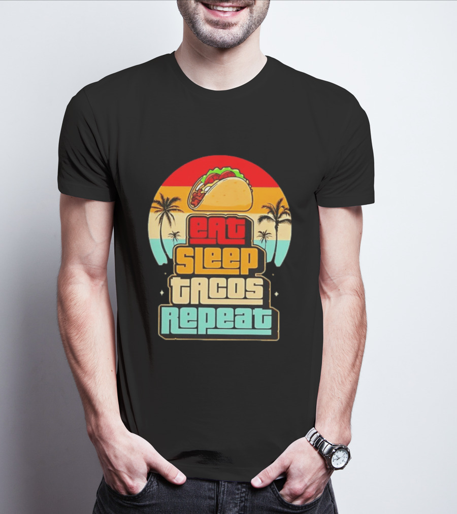Eat Sleep Tacos Repeat Gaming Retro Sunset Palm Trees T-Shirt