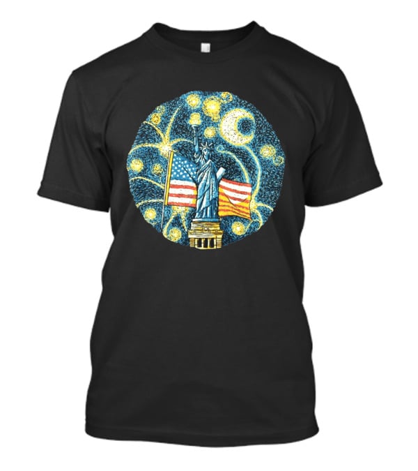 Statue Of Liberty USA Flag Firework Starry Night T-Shirt