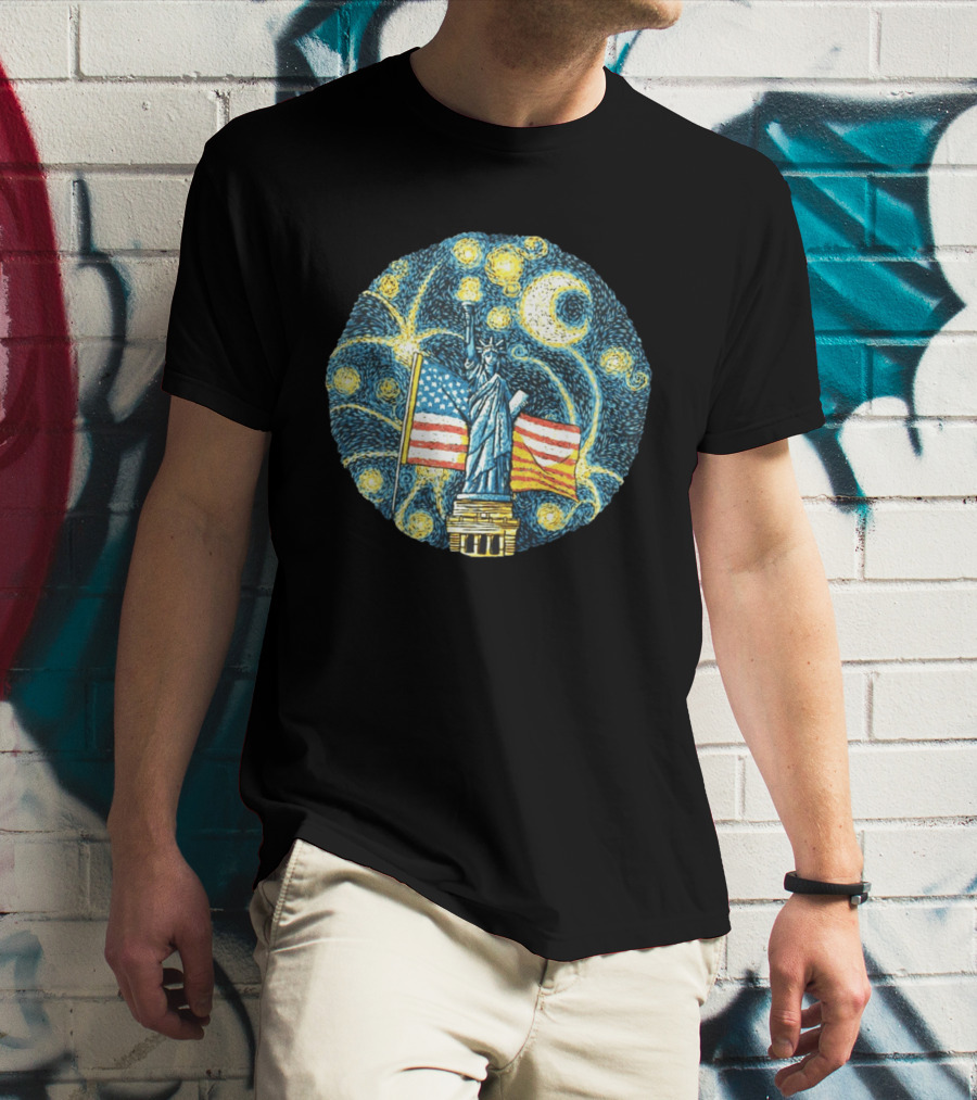 Statue Of Liberty USA Flag Firework Starry Night T-Shirt