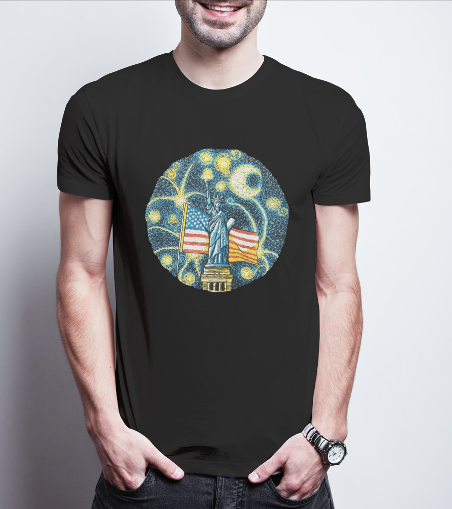 Statue Of Liberty USA Flag Firework Starry Night T-Shirt