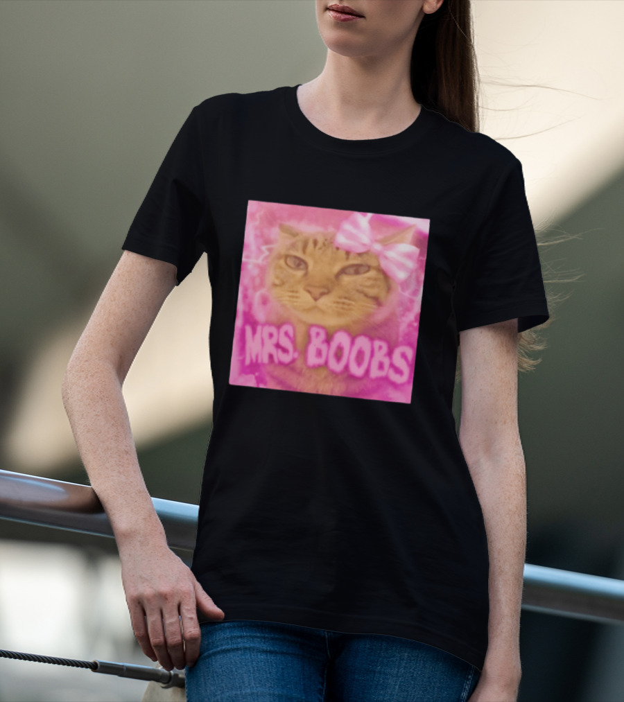 Mrs Boobs Cat Pink Aesthetic With Bow T-Shirt