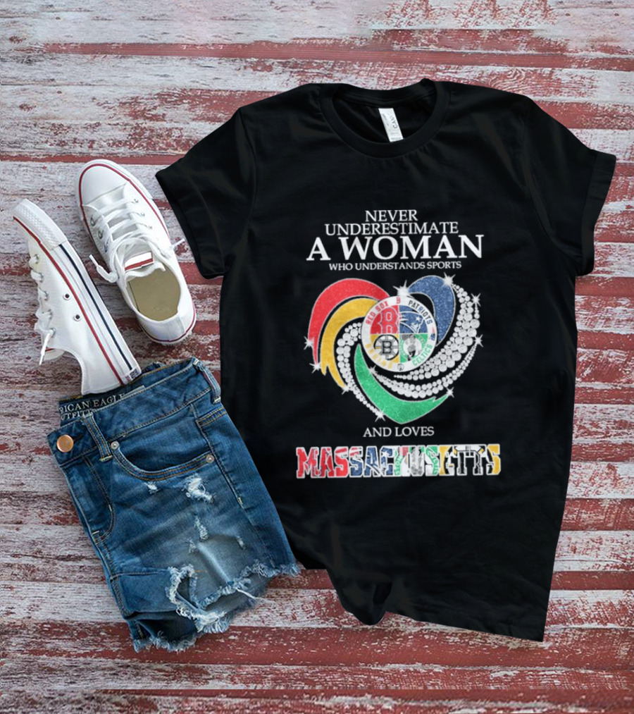 Never Underestimate A Woman Who Understands Boston Red Sox Celtics Patriots Bruins Sports Loves Massachusetts T-Shirt