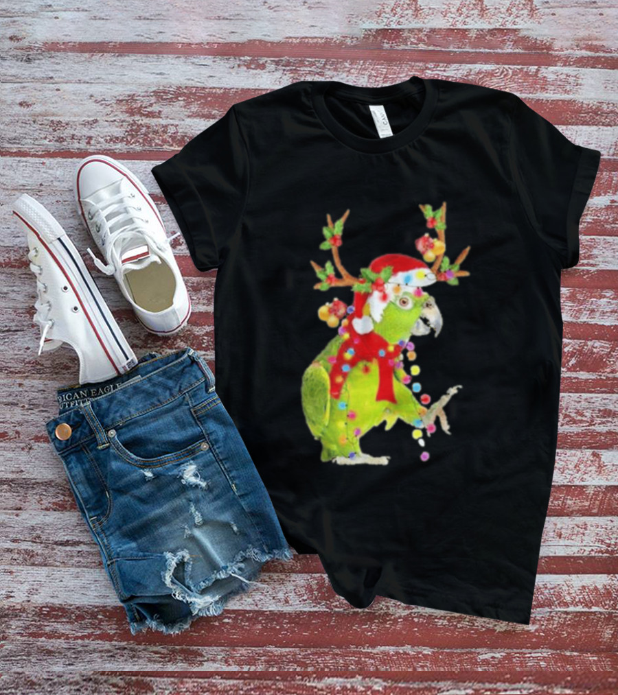 Festive Parrot Wearing Santa Hat And Reindeer Antlers T-Shirt