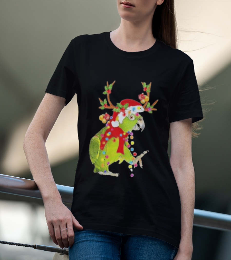 Festive Parrot Wearing Santa Hat And Reindeer Antlers T-Shirt