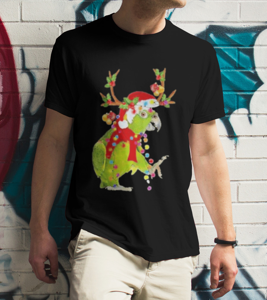 Festive Parrot Wearing Santa Hat And Reindeer Antlers T-Shirt