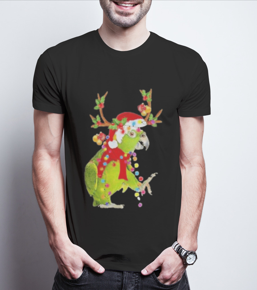 Festive Parrot Wearing Santa Hat And Reindeer Antlers T-Shirt