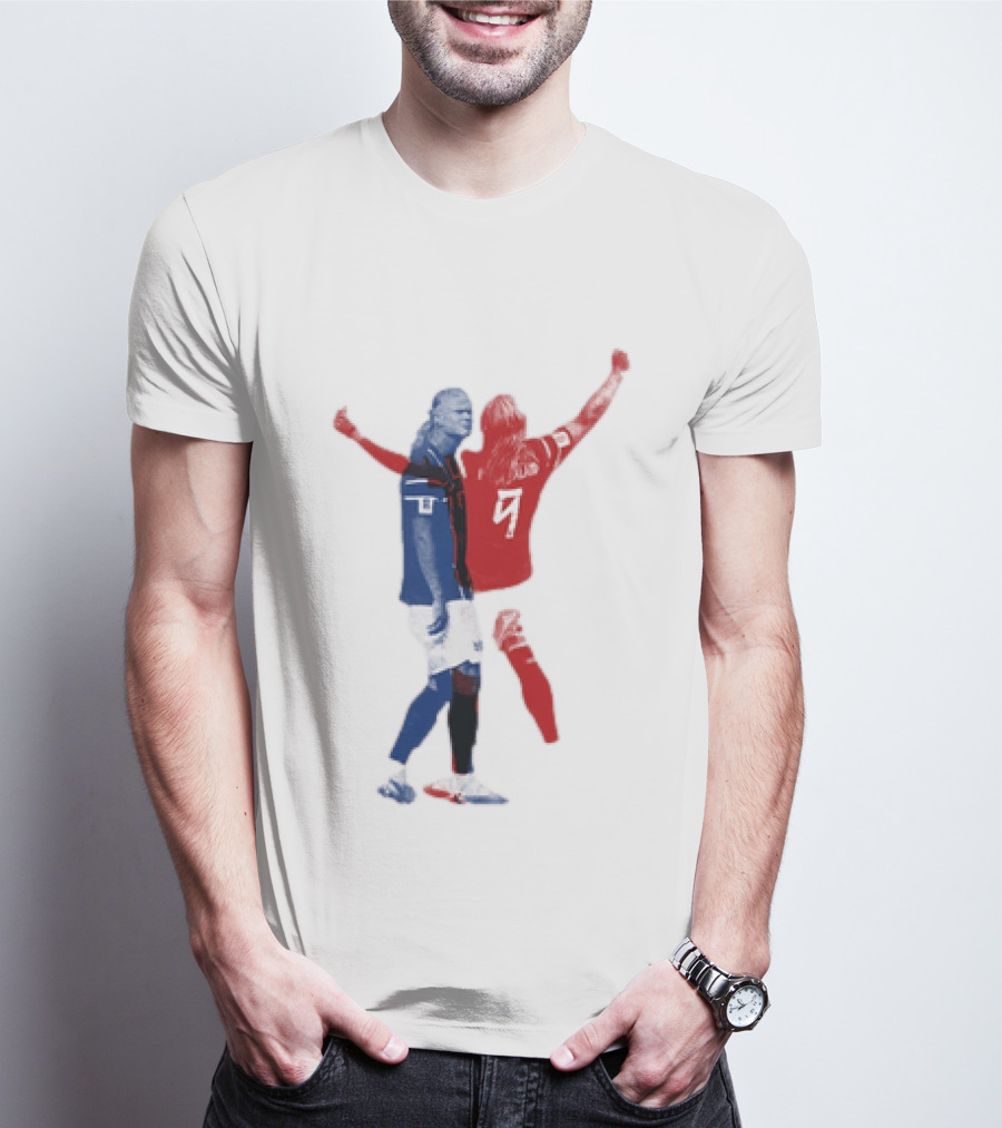 Erling Haaland Norway National Team Halftone Collage Blue And Red Number 9 T-Shirt