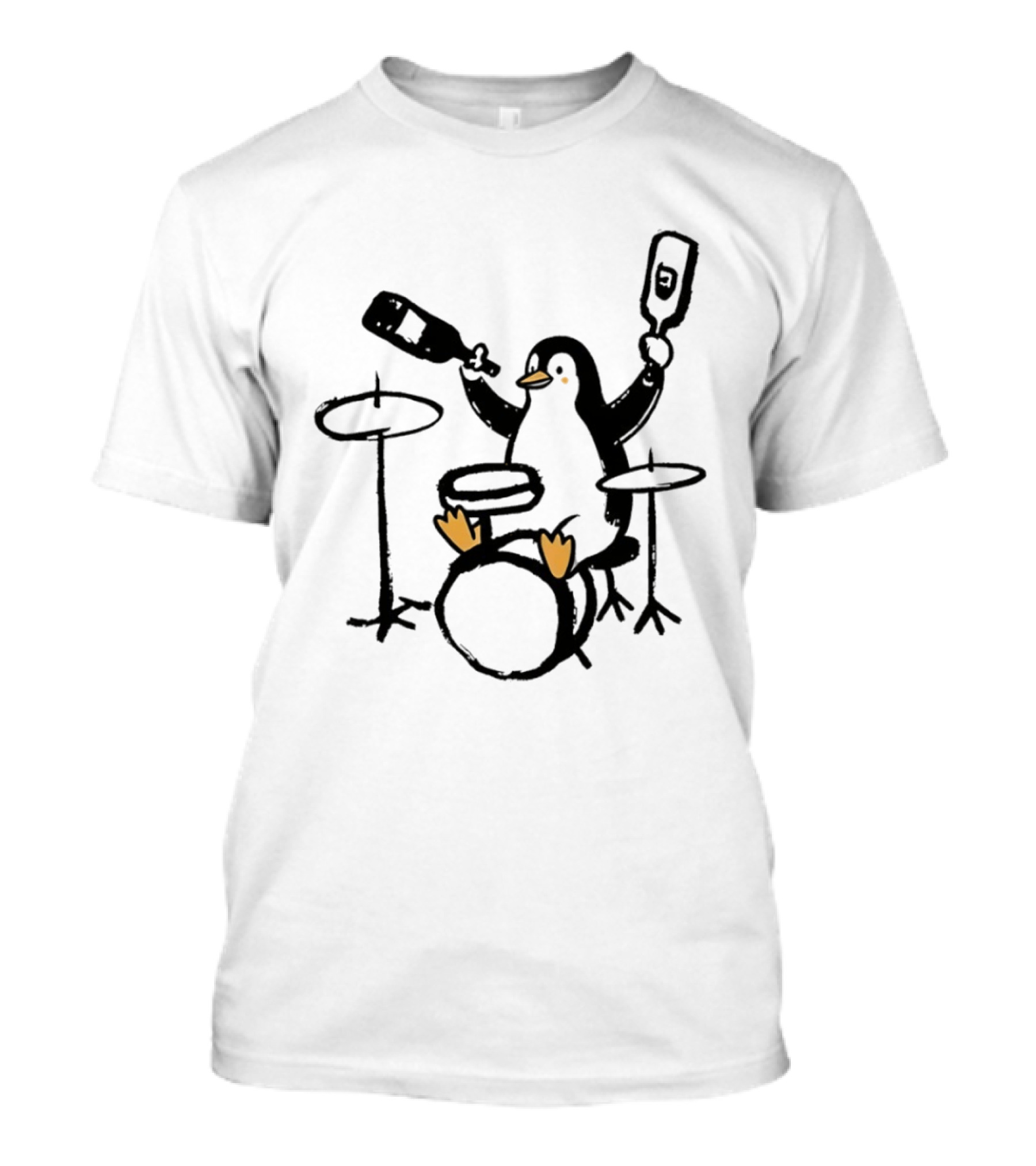 Penguin Playing Drums Drinking Wine With Bottle T-Shirt