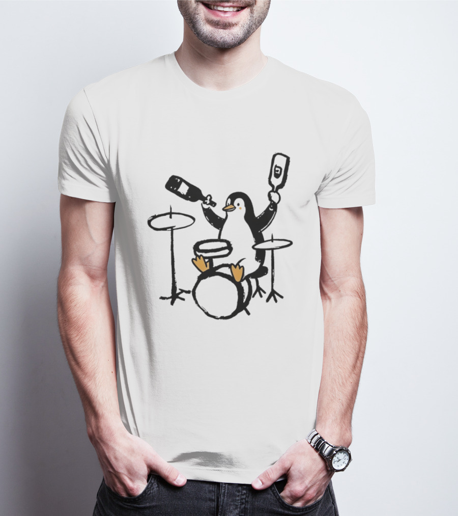 Penguin Playing Drums Drinking Wine With Bottle T-Shirt