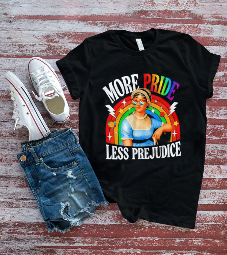 More Pride Less Prejudice LGBTQ Rainbow Heart Jane Austen Pride Month T-Shirt