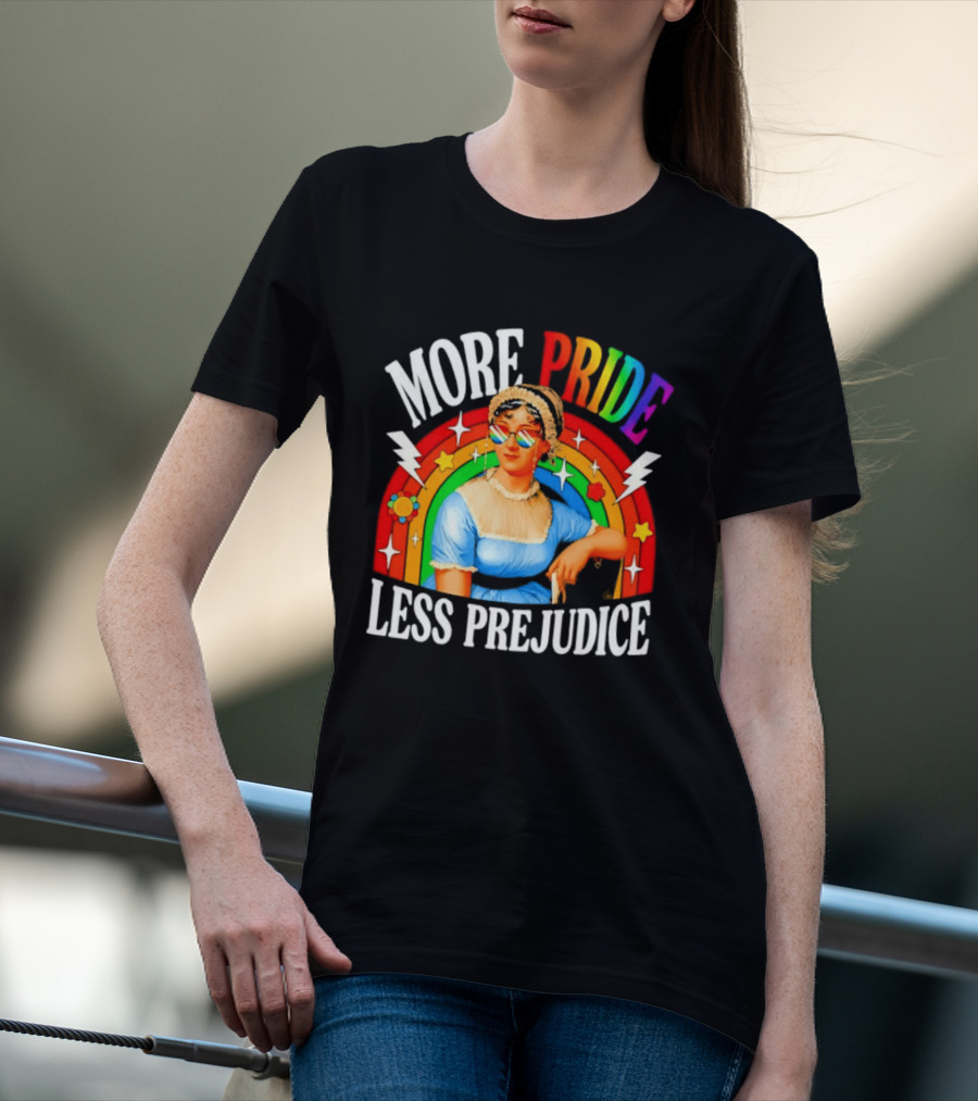 More Pride Less Prejudice LGBTQ Rainbow Heart Jane Austen Pride Month T-Shirt