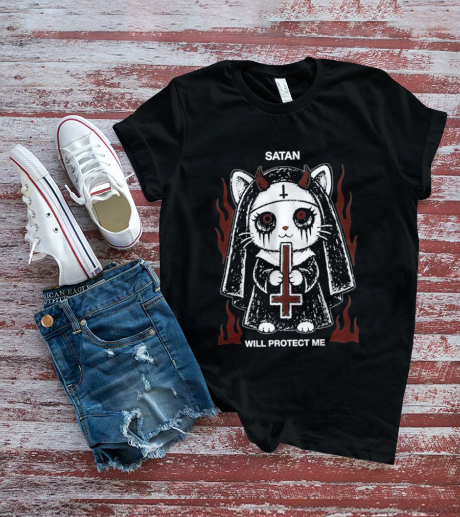 Satan Will Protect Me Goth Cat Nun Dark Aesthetic Devil Horns Fiery Flames T-Shirt