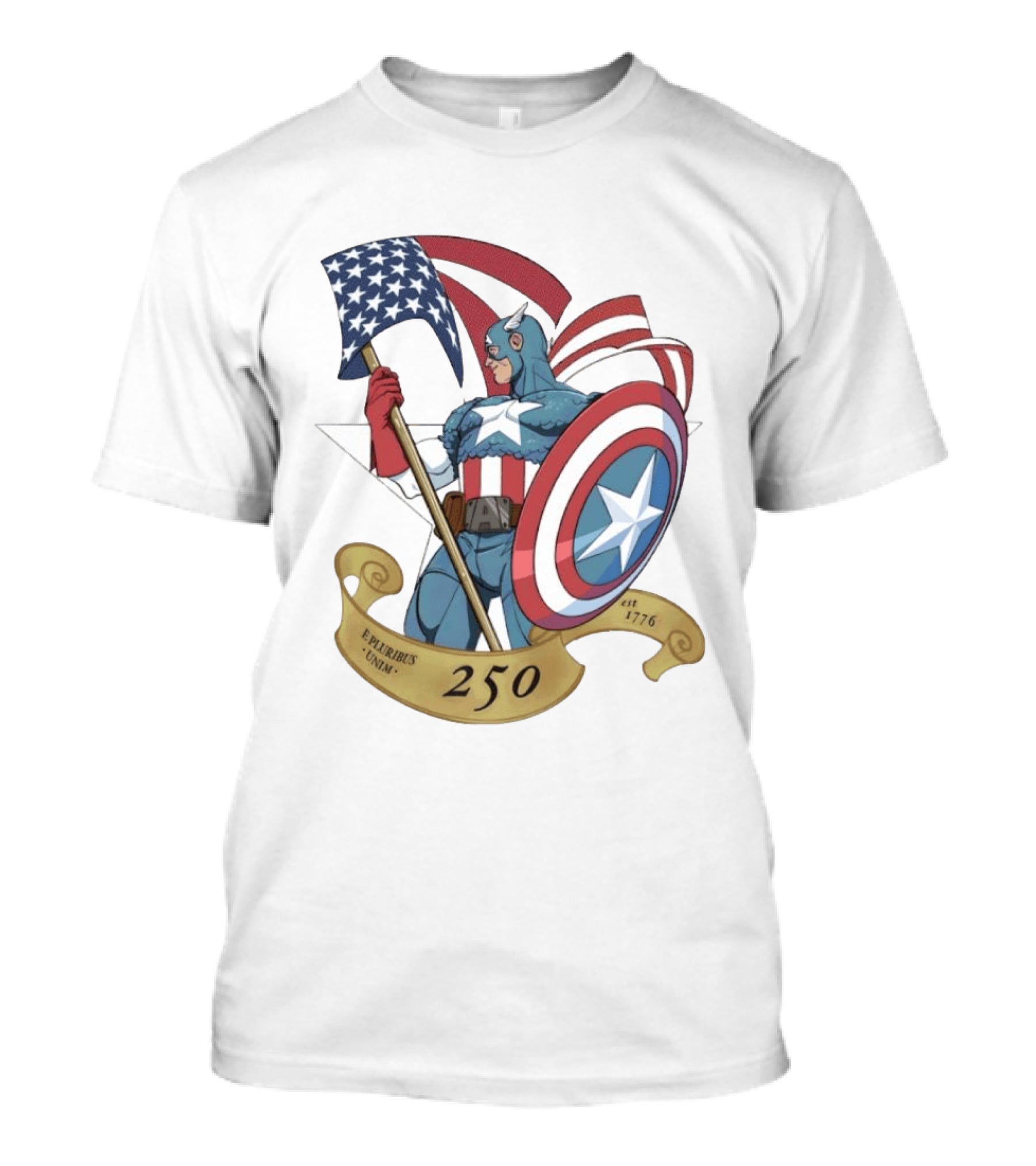 Captain America Marvel 250 E Pluribus Unum EST 1776 Patriotic Hero Shield American Flag T-Shirt