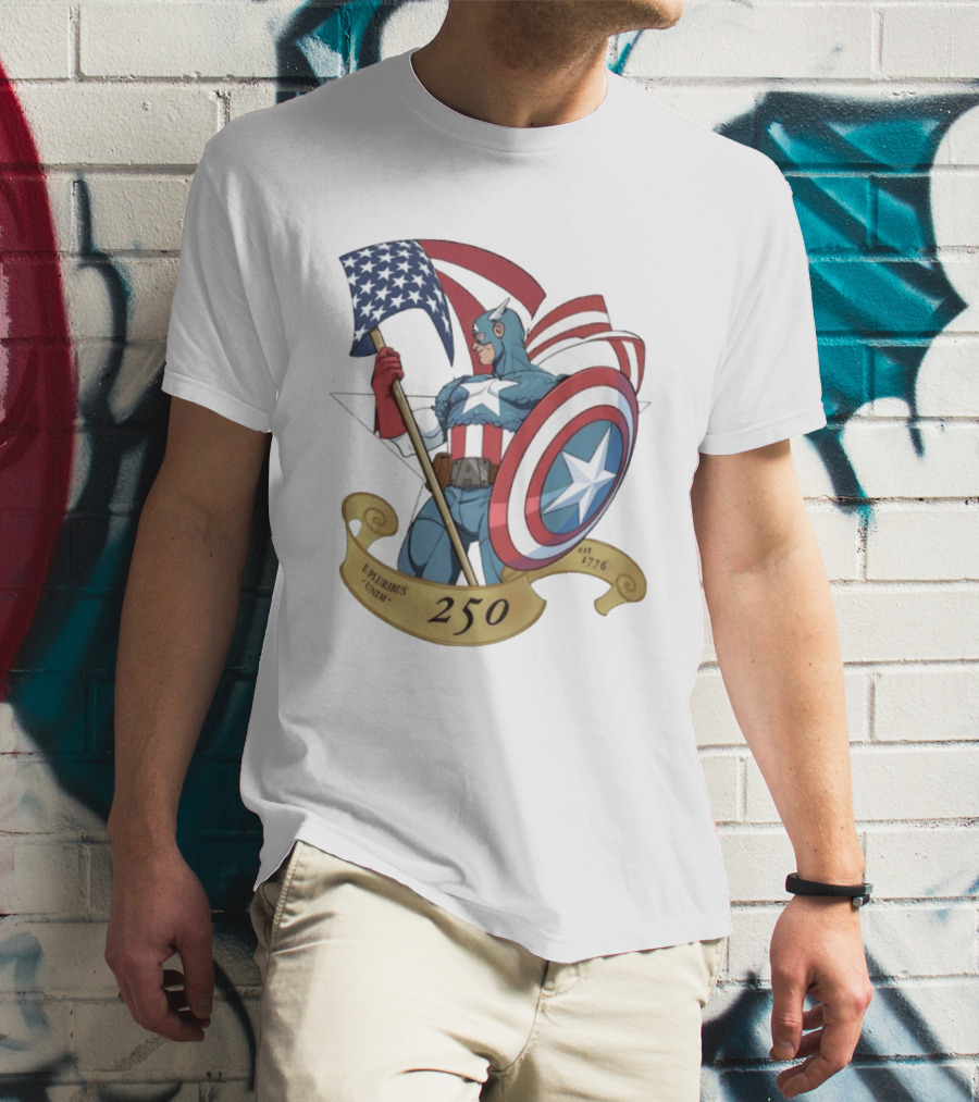Captain America Marvel 250 E Pluribus Unum EST 1776 Patriotic Hero Shield American Flag T-Shirt