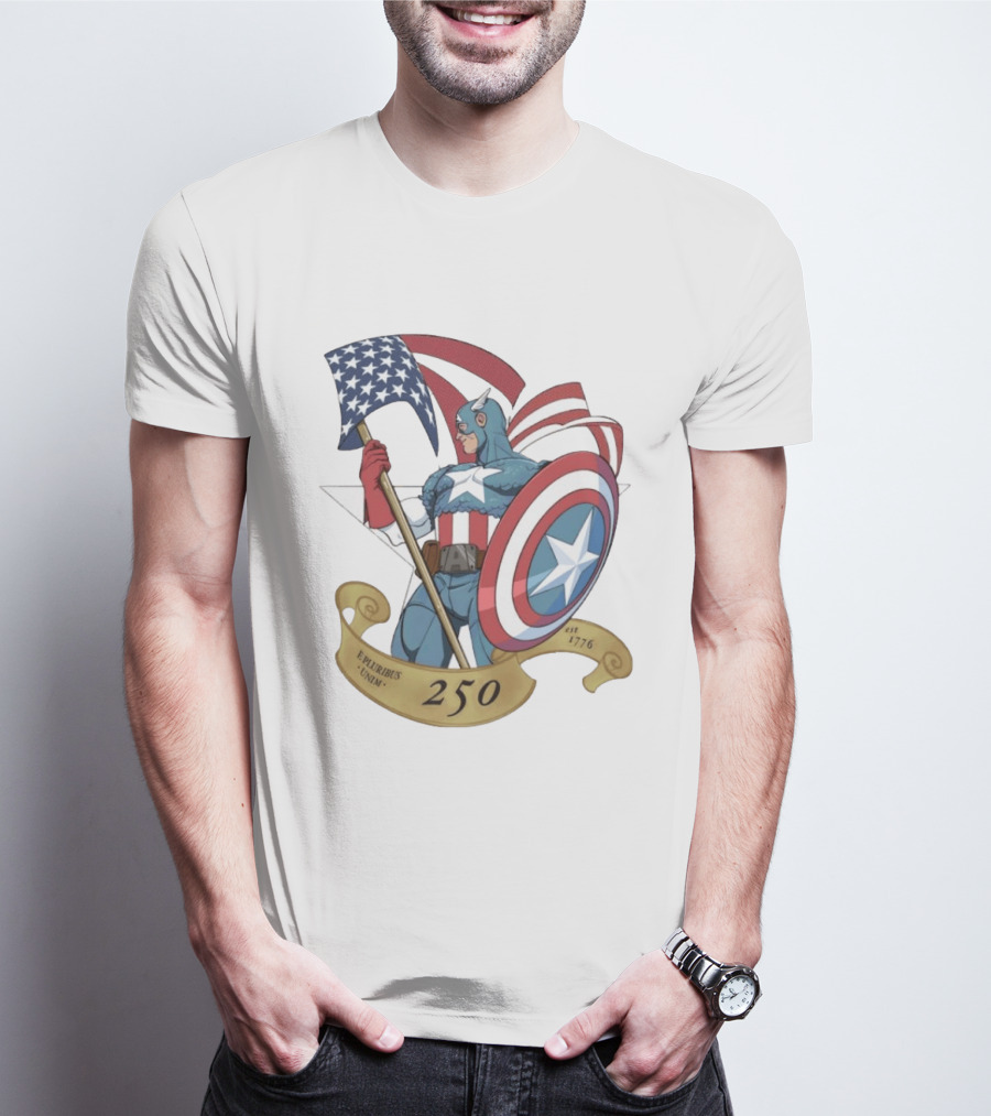 Captain America Marvel 250 E Pluribus Unum EST 1776 Patriotic Hero Shield American Flag T-Shirt