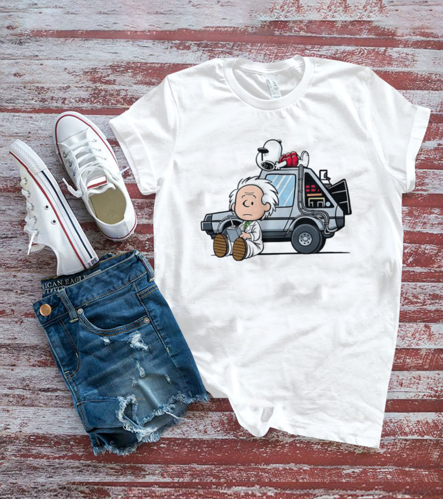 Doc Brown Snoopy Back To The Future Delorean Time Machine Cartoon Mashup T-Shirt
