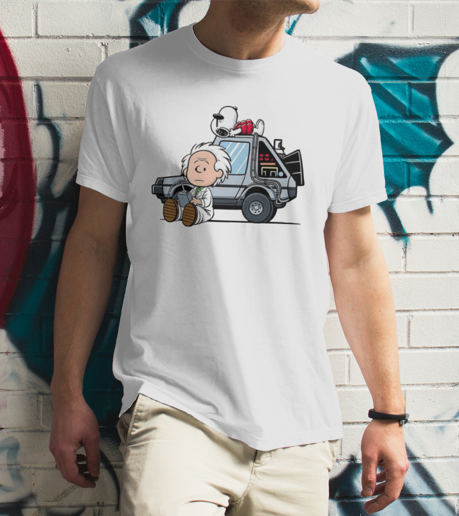 Doc Brown Snoopy Back To The Future Delorean Time Machine Cartoon Mashup T-Shirt