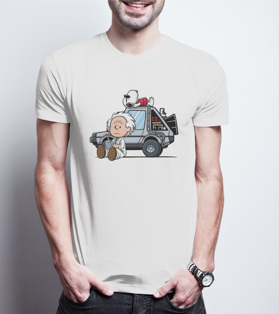 Doc Brown Snoopy Back To The Future Delorean Time Machine Cartoon Mashup T-Shirt