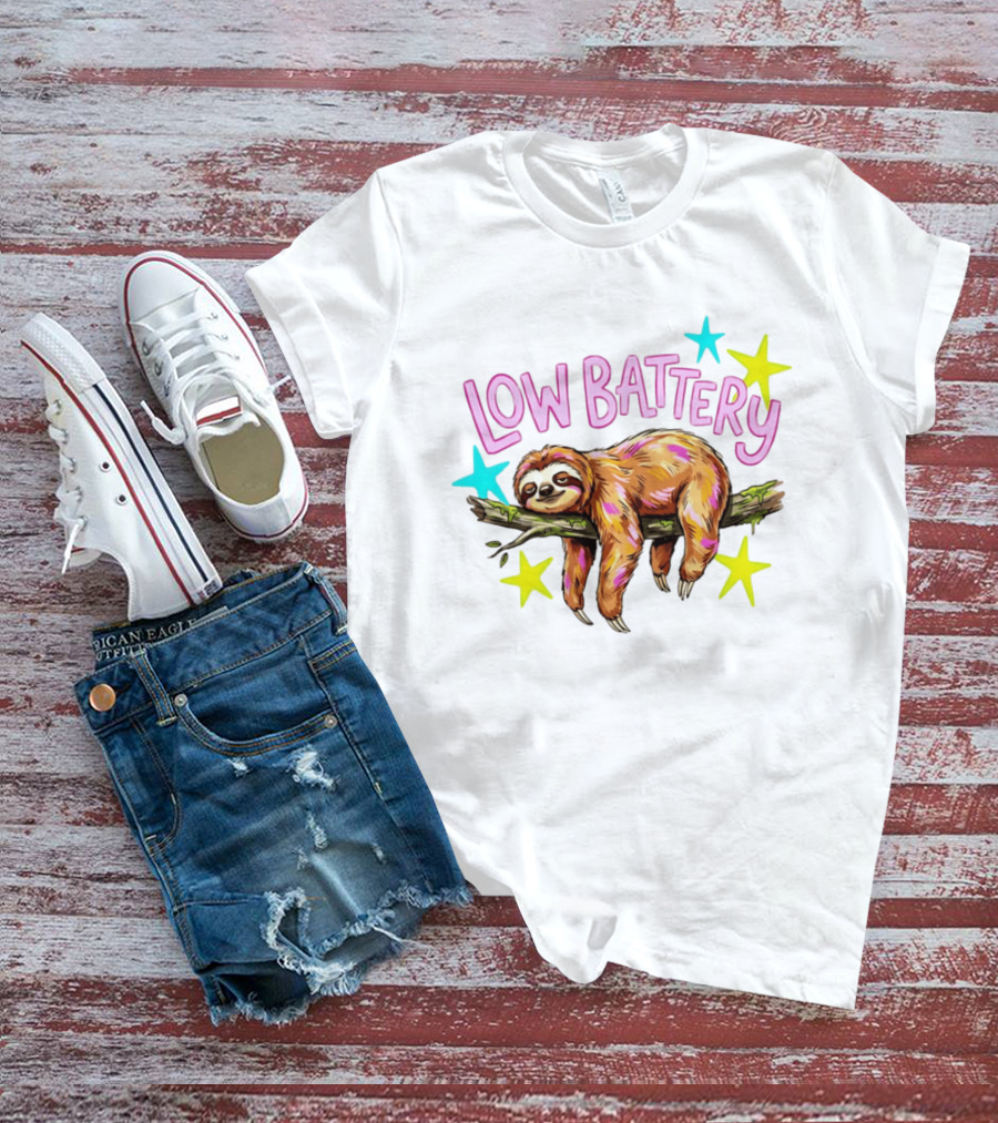 Lazy Sloth Low Battery Tired Animal With Colorful Stars T-Shirt